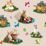 Osterfreude Karo Beige – Wachstuch Tischdecke für Ostern mit Hasen, Küken und Ostereiern