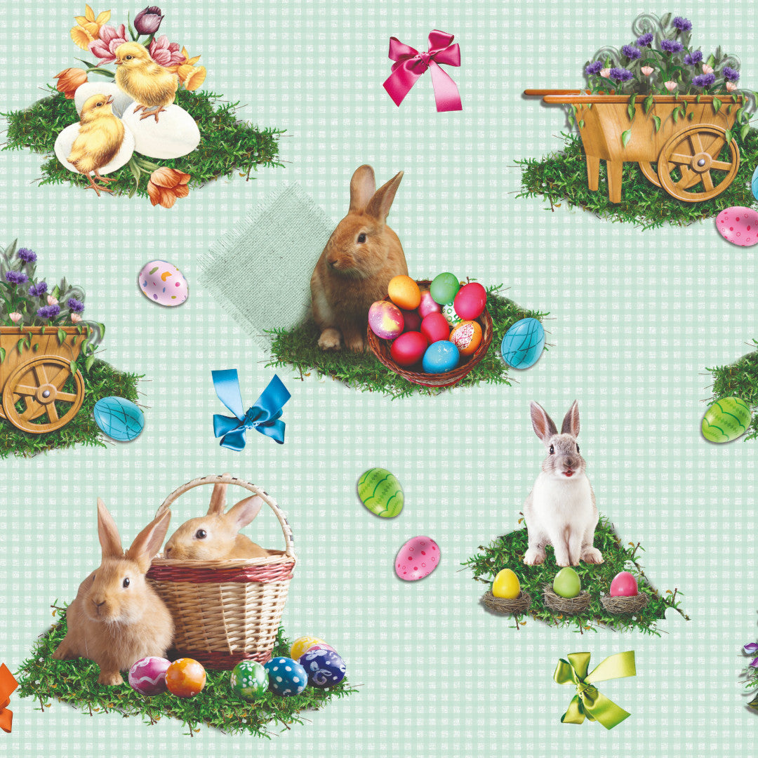 Osterfreude Karo Mint – Wachstuch Tischdecke für Ostern mit Hasen, Küken und Ostereiern