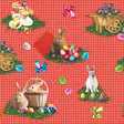 Osterfreude Kariert Rot – Wachstuch Tischdecke für Ostern mit Hasen, Küken und Ostereiern