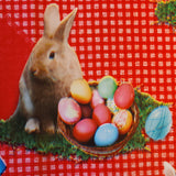 Osterfreude Kariert Rot – Wachstuch Tischdecke für Ostern mit Hasen, Küken und Ostereiern, unscharf