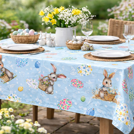 Osterhase Blau – Wachstuch Tischdecke für Ostern mit Hasen und Ostereiern mit Blumenmuster, Frühlingsstimmung