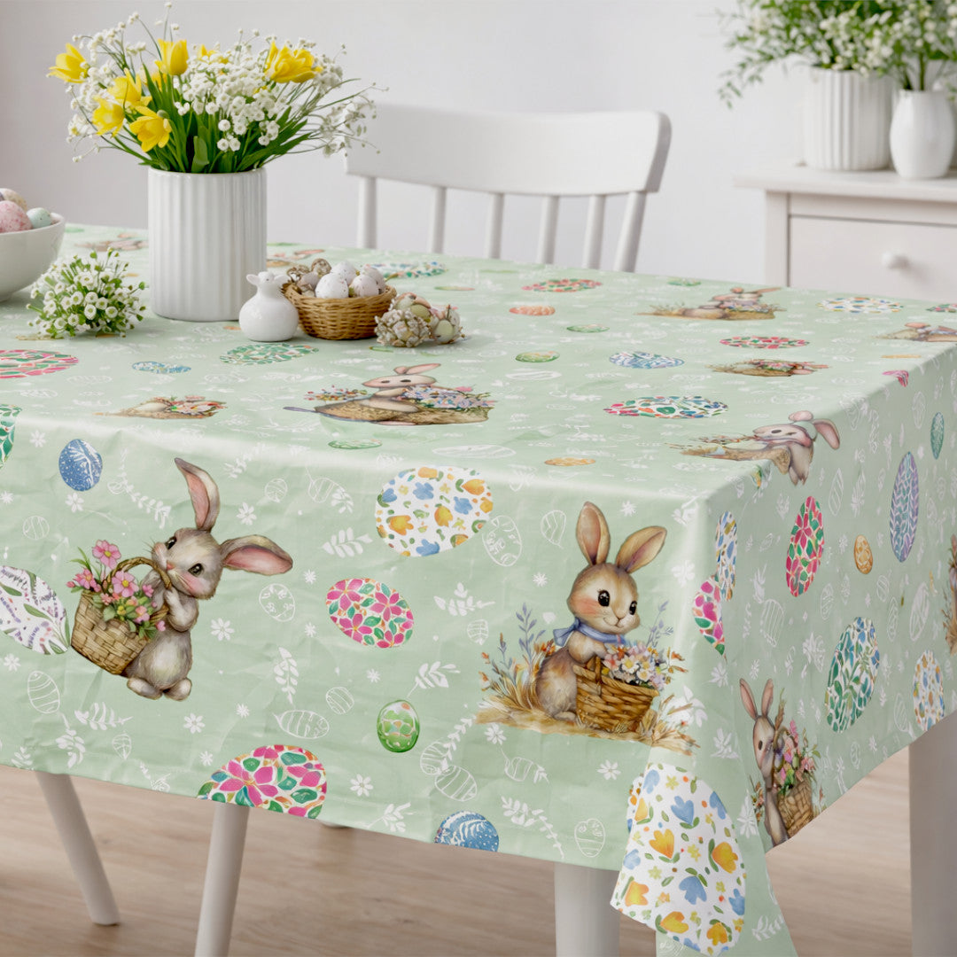 Osterhase Grün – Wachstuch Tischdecke für Ostern mit Hase und Ostereiern mit Blumenmuster, Ambiente