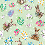 Osterhase Grün – Wachstuch Tischdecke für Ostern mit Hase und Ostereiern mit Blumenmuster, Motiv