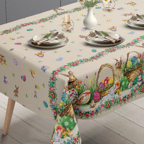 Osterlamm Beige – Wachstuch Tischdecke für Ostern mit Lämmern und Osterhasen, Ambiente
