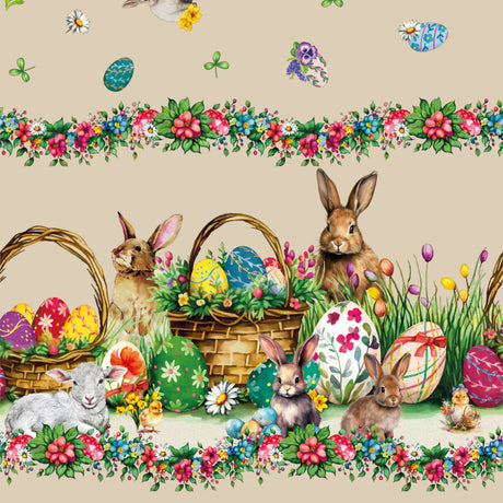 Osterlamm Beige – Wachstuch Tischdecke für Ostern mit Lämmern und Osterhasen