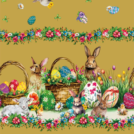 Osterlamm Goldfarben – Wachstuch Tischdecke für Ostern mit Lämmern und Osterhasen
