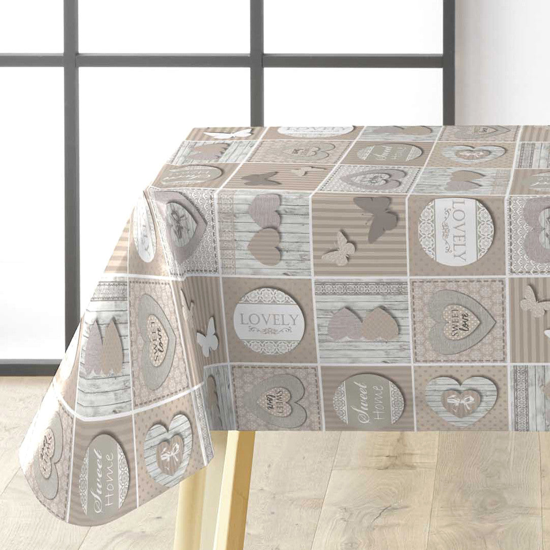Papilys Grey - Wachstuch Tischdecke mit Herzen und Schmetterlingen in sanften Naturfarben, Ecke