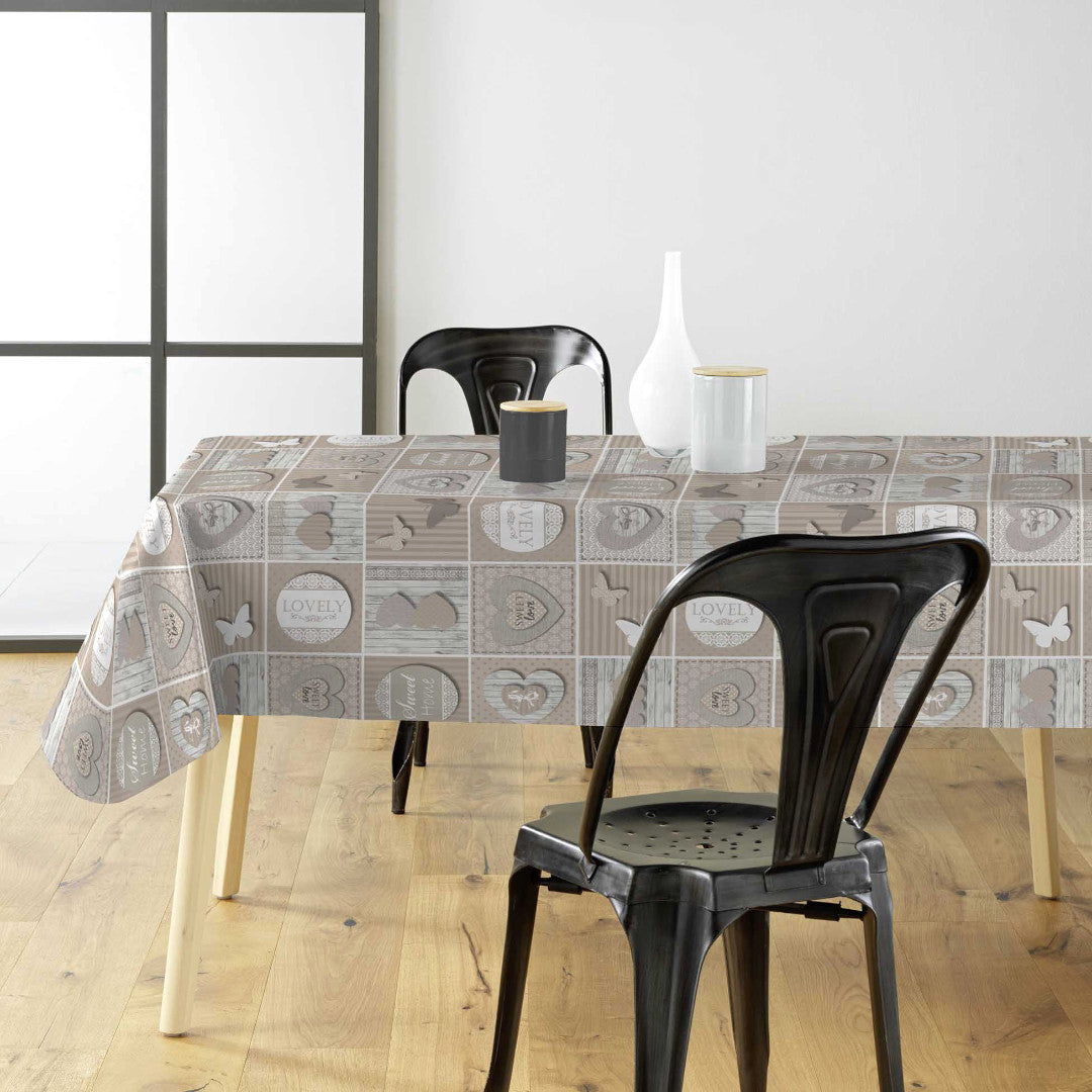 Papilys Grey - Wachstuch Tischdecke mit Herzen und Schmetterlingen in sanften Naturfarben, Ambiente
