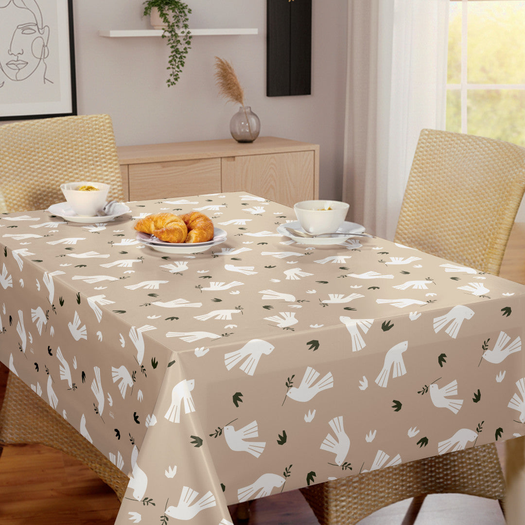 Peace is in the Air Cream – Lola Wachstuch Tischdecke mit grafischem Vogelmotiv
