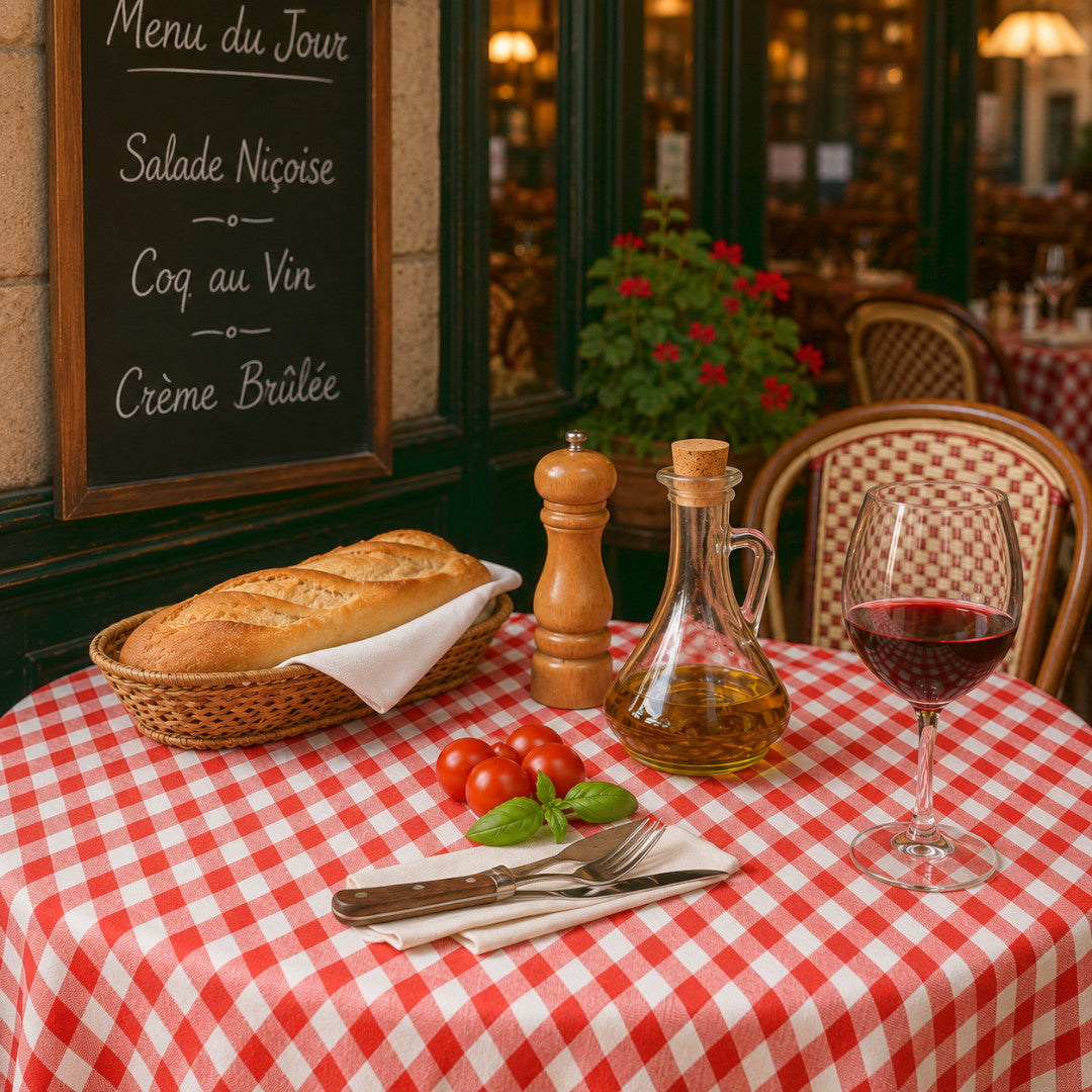 Picnic Red – Runde karierte Runde Wachstuch-Tischdecke mit Textiloptik, Bistroambiente