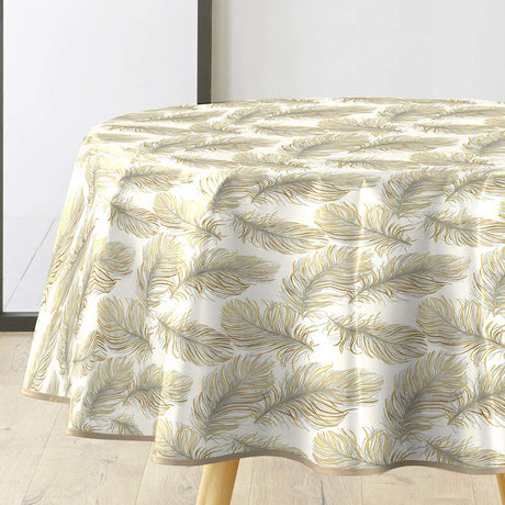 Plumina Mettalic - Runde Wachstuch-Tischdecke mit eleganten Federn in Gold und Grau, Ø 155 cm