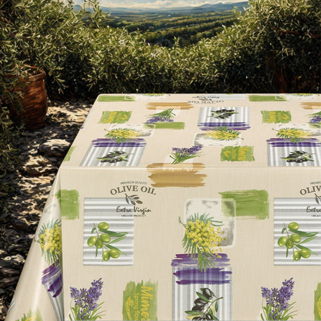 Provence Oliven & Blomster - Wachstuch Tischdecke mit beigem Grund, Ambienteaufnahme