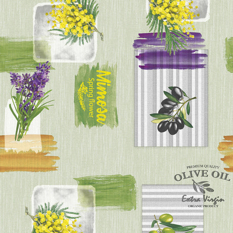 Provence Oliven & Blumen – Wachstuch Tischdecke mit grünem Grund