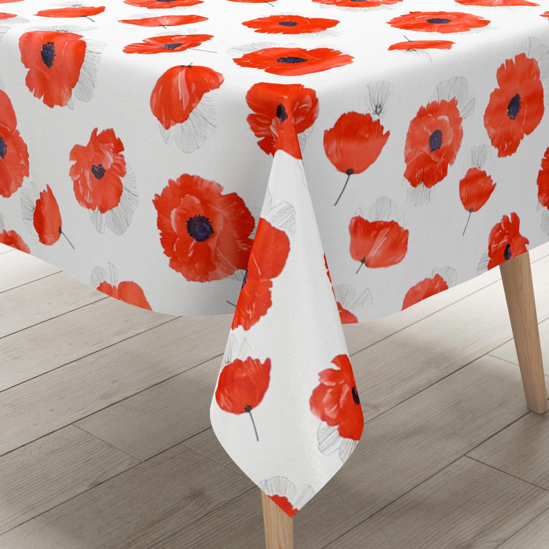 Red Coquelicot - Wachstuch Tischdecke mit roten Mohnblumen, Ecke