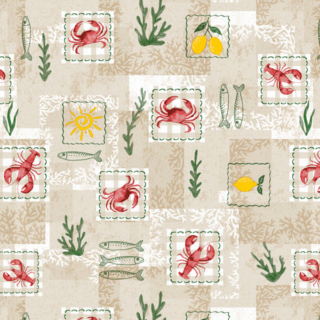 Riviera Patchwork – Wachstuch Tischdecke mit Hummern und Zitronen, Muster