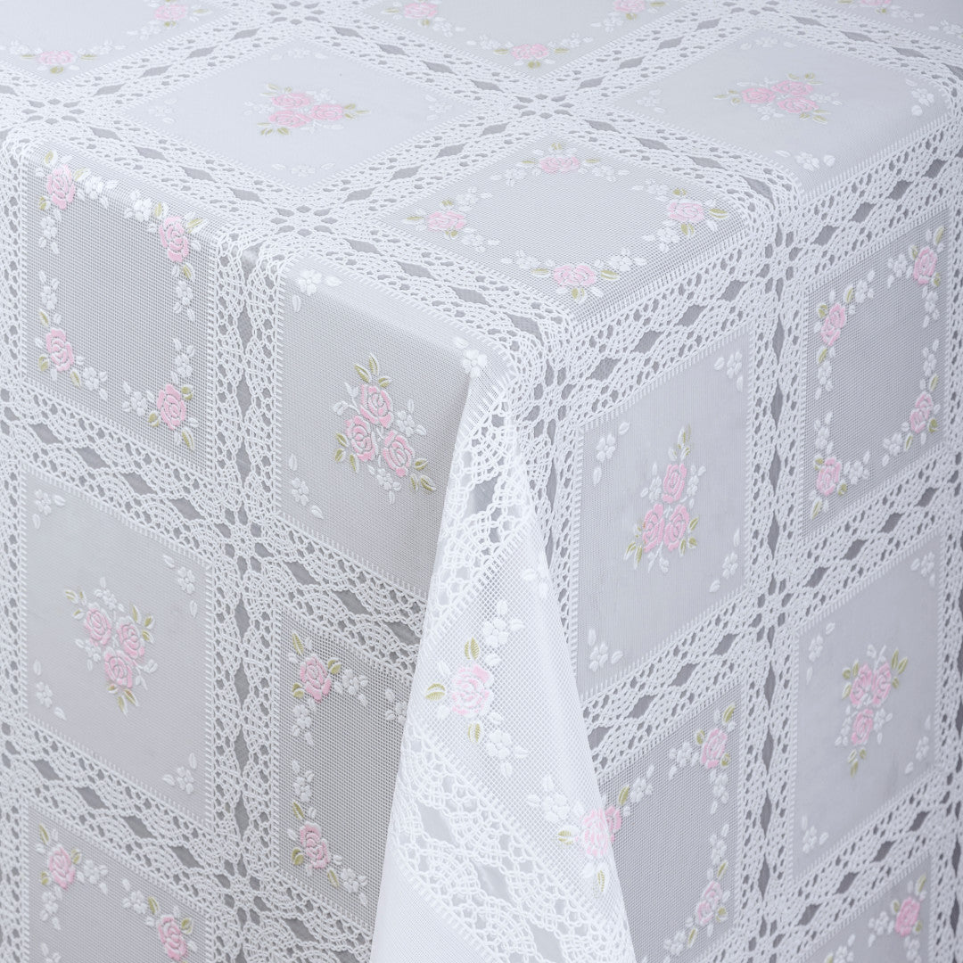 Rose Trellis – Wachstuch Tischdecke in Spitzenoptik mit rosa Rosenfeldern