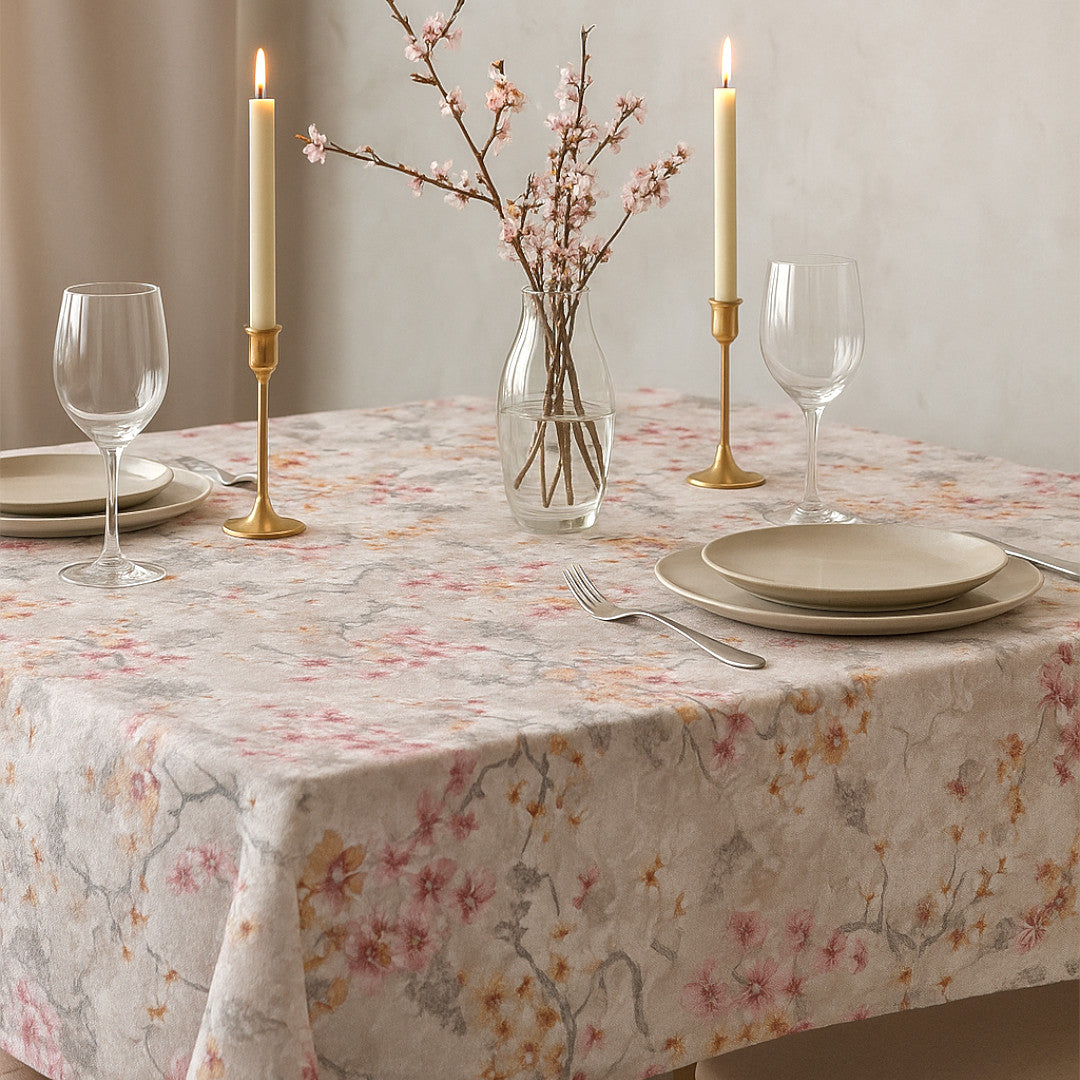Rovira Forårsblomst – Abwaschbare Tischdecke mit Schwammdruck und Blumenprint, Ambienteaufnahme