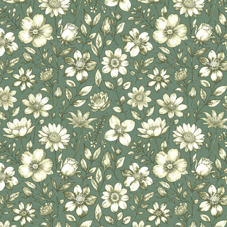 Skovblomst Grün – leicht geprägte Wachstuch Tischdecke mit Blumen, Muster