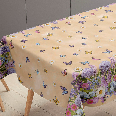 Sommereng Beige – Wachstuch Tischdecke mit Blumen und Schmetterlingen, Tischende