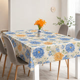 Sommerflora Beige – Wachstuch Tischdecke mit blauen und goldenen Blumen, Ambiente