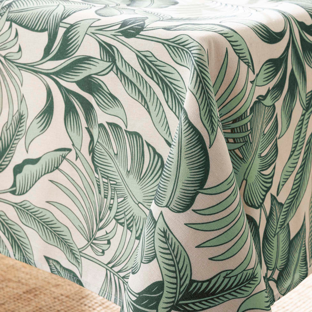Stilys Sauge – Stofftischdecke in Leinenoptik mit botanischem Blättermuster – 140 x 240 cm, Ecke