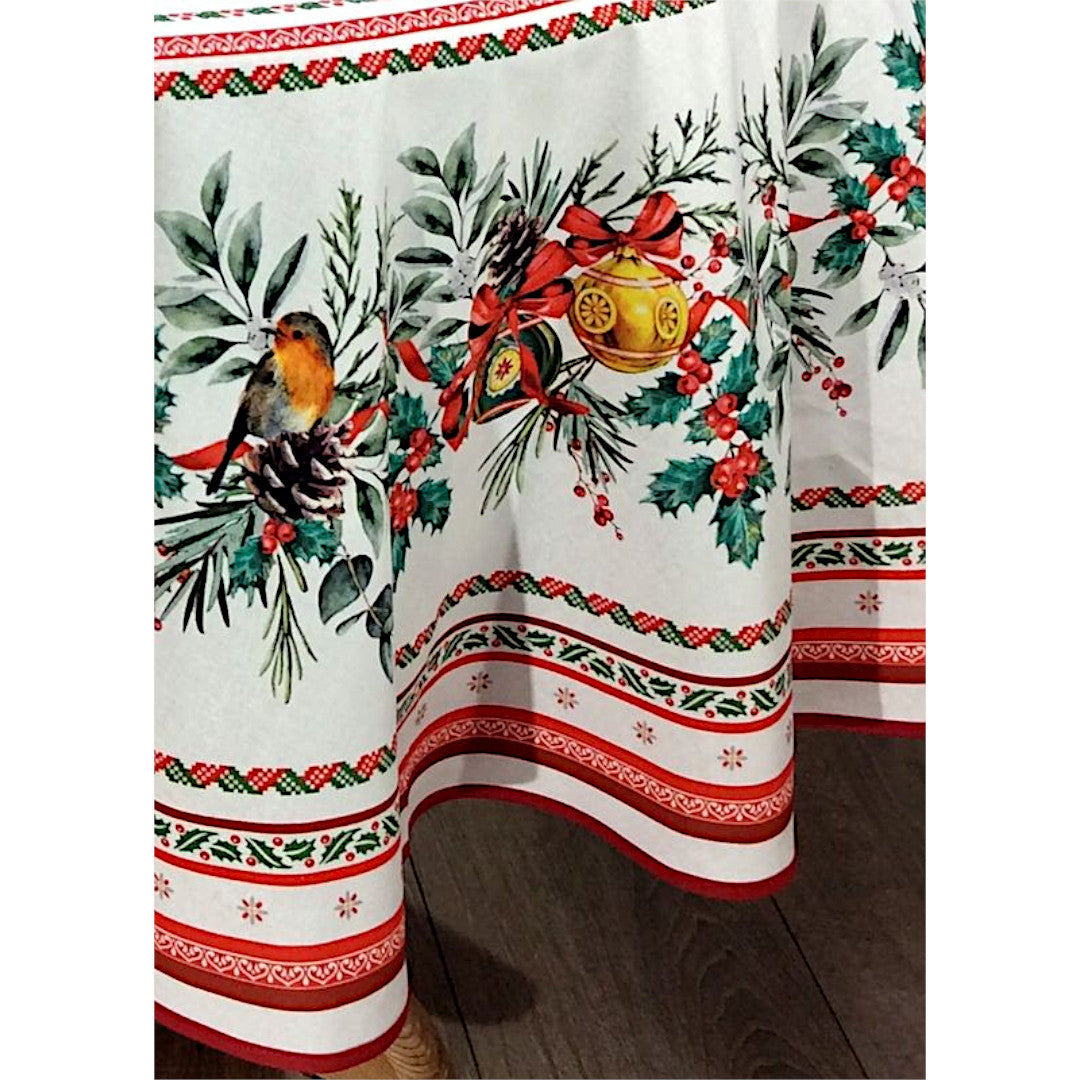 Sylvestre Weiß – Runde französische Weihnachtstischdecke mit Acrylbeschichtung, Ø 230 cm, Nahaufnahme