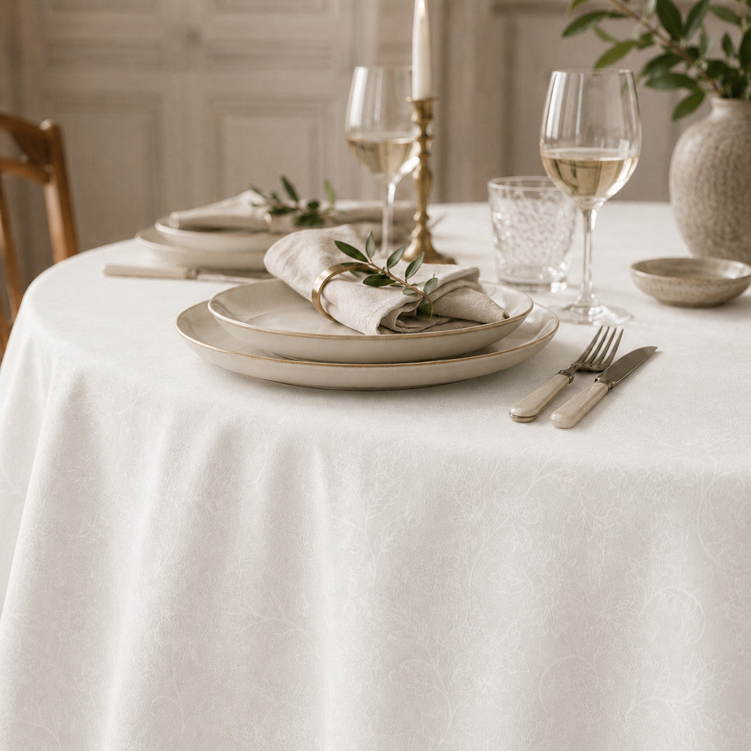Tamayo Blanco – Jacquardgewebte abwaschbare Tischdecke in Offwhite, 160 cm breit, rund