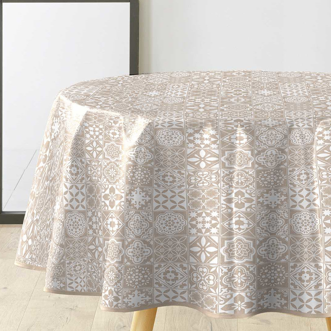 Textilia Carella – Runde Wachstuch-Tischdecke mit klassischem Kachelmuster in Beige, Ø 155 cm