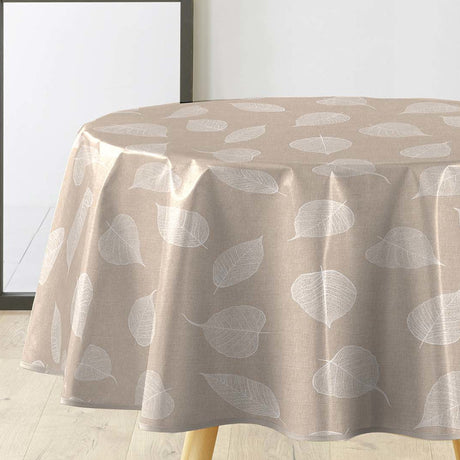 Textilia Feuillys - Runde Wachstuch-Tischdecke in Leinenoptik mit weißen Blattzeichnungen, Ø 155 cm