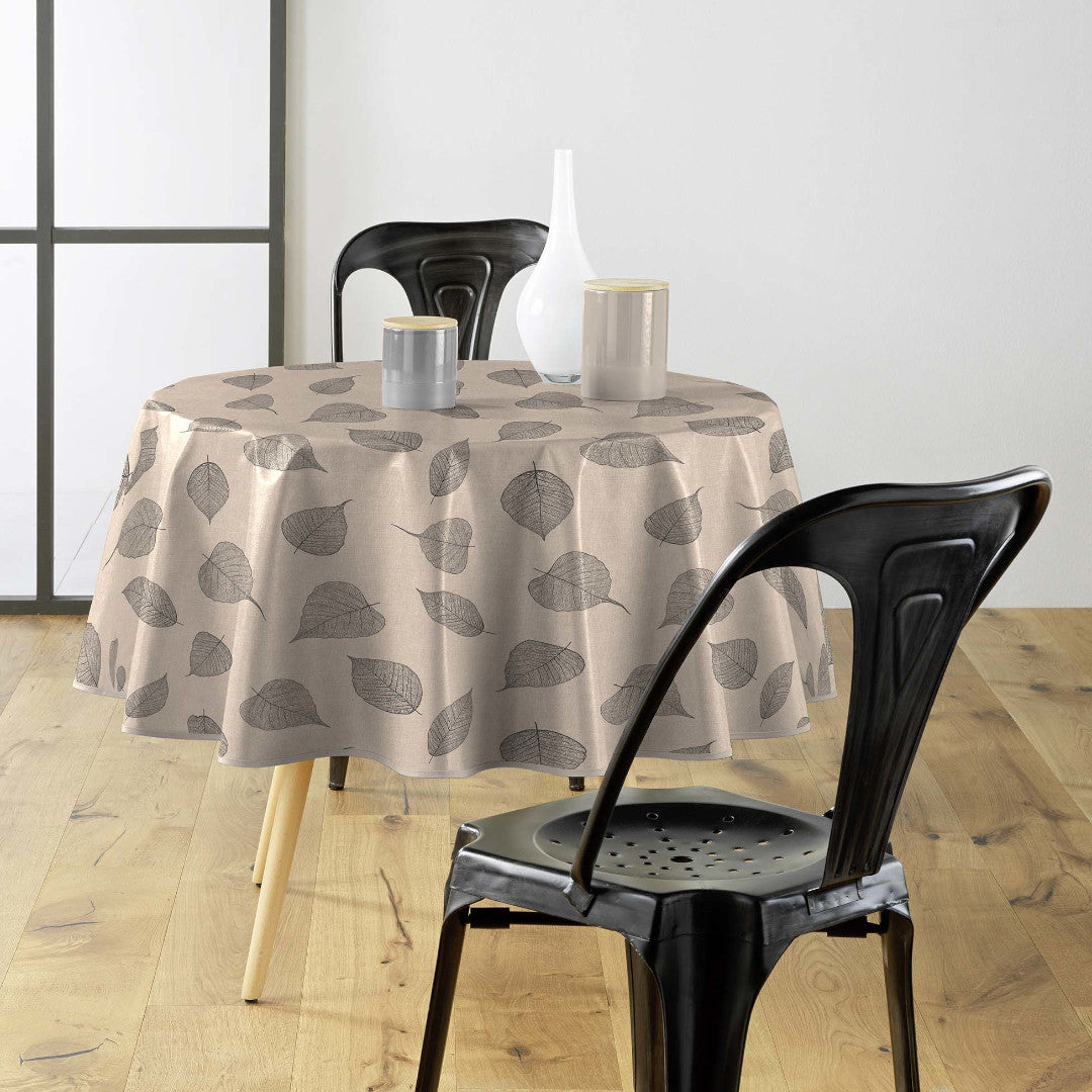 Textilia Feuillys – Runde Wachstuch-Tischdecke in Leinenoptik mit schwarzen Blattlinien, Ø 155 cm, Ambiente