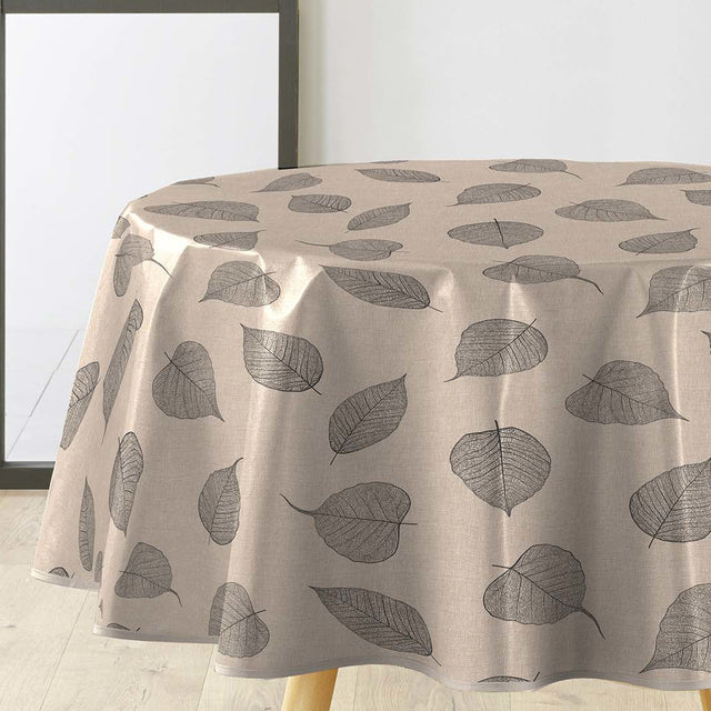 Textilia Feuillys – Runde Wachstuch-Tischdecke in Leinenoptik mit schwarzen Blattlinien, Ø 155 cm