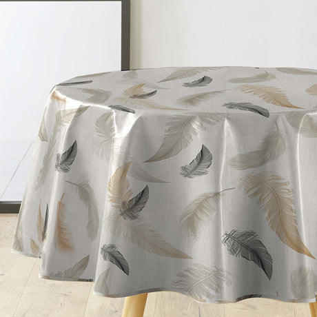 Textilia Folea - Runde Wachstuch-Tischdecke mit Federn in Naturfarben, Ø 155 cm
