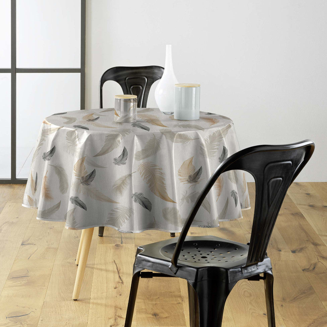 Textilia Folea - Runde Wachstuch-Tischdecke mit Federn in Naturfarben, Ø 155 cm, Ambiente