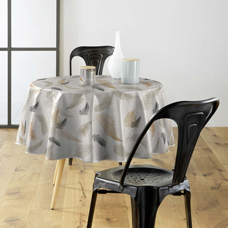 Textilia Folea - Runde Wachstuch-Tischdecke mit Federn in Naturfarben, Ø 155 cm, Ambiente