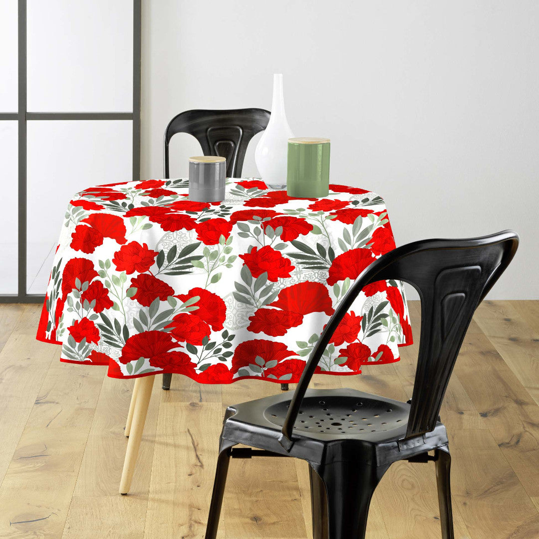 Textilia Occitanie - Runde Wachstuch-Tischdecke mit schönen roten Blumen, Ø 155 cm, Ambiente