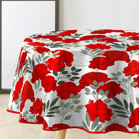 Textilia Occitanie - Runde Wachstuch-Tischdecke mit schönen roten Blumen, Ø 155 cm