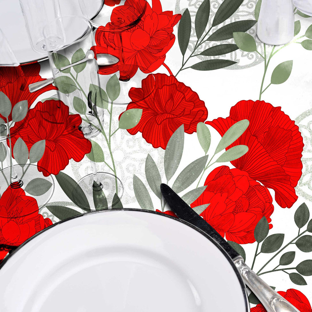 Textilia Occitanie – Fantastische Wachstuch Tischdecke mit roten Blumen, Nahaufnahme
