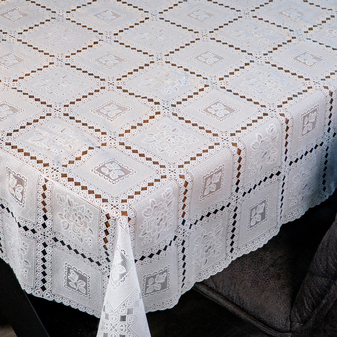 Valencia Lace – Weiße Wachstuch Tischdecke in Spitzenoptik mit klassischem Karomuster, Ecke