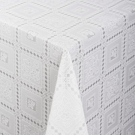 Valencia Lace – Weiße Wachstuch Tischdecke in Spitzenoptik mit klassischem Karomuster