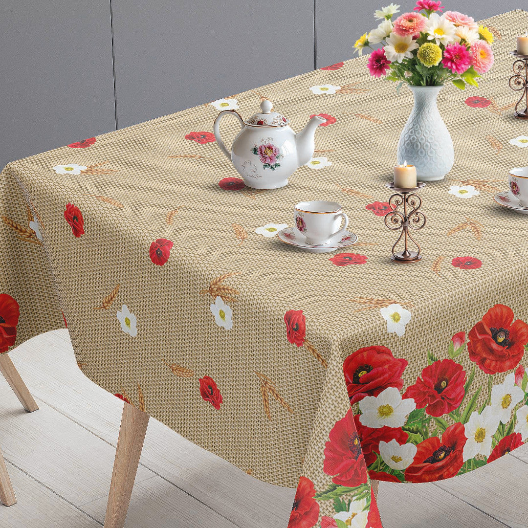 Valmueeng – Beige Wachstuch Tischdecke mit Mohnblumen und Juteoptik, Tischende
