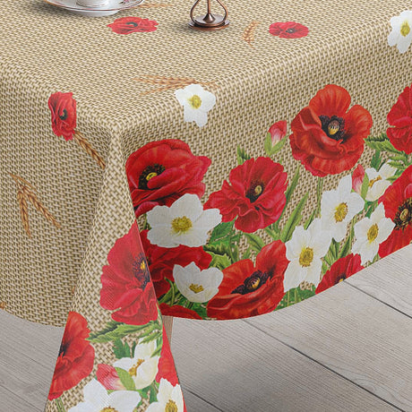 Valmueeng – Beige Wachstuch Tischdecke mit Mohnblumen und Juteoptik, Ecke