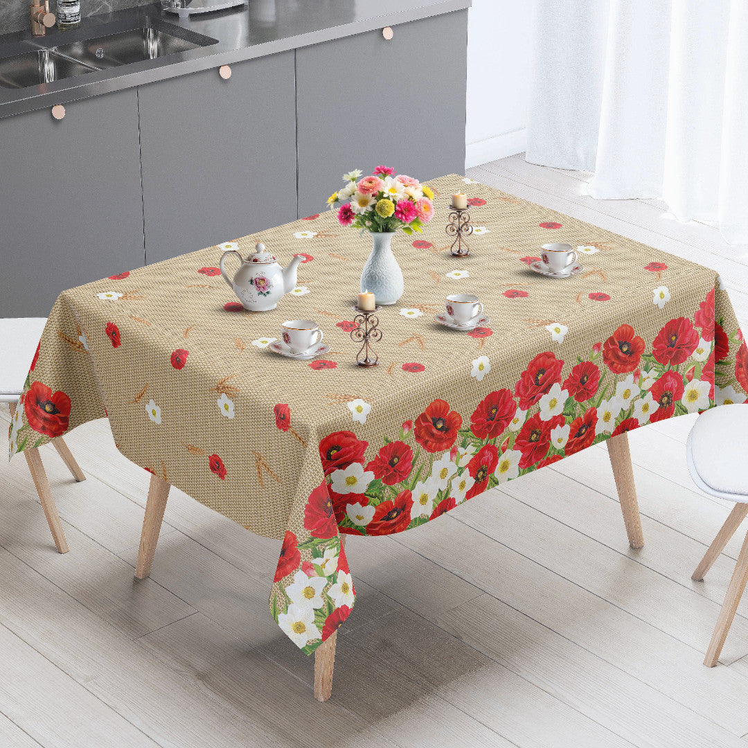 Valmueeng – Beige Wachstuch Tischdecke mit Mohnblumen und Juteoptik, Ambiente