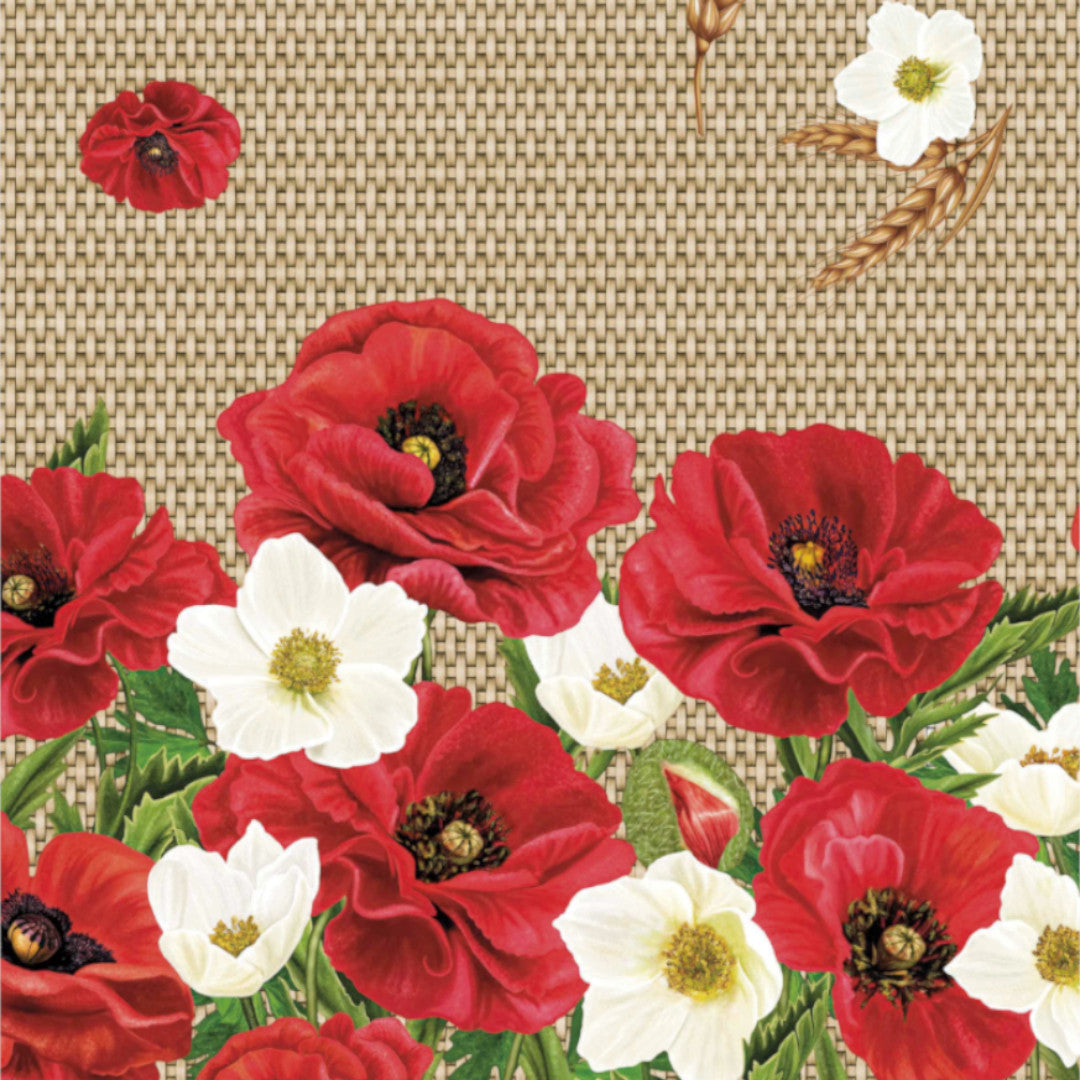 Valmueeng – Beige Wachstuch Tischdecke mit Mohnblumen und Juteoptik, Muster