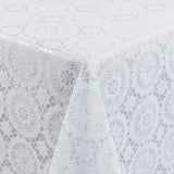 White Chantilly – weiße Wachstuch Tischdecke in Spitzenoptik mit klassischem Rosettenmuster