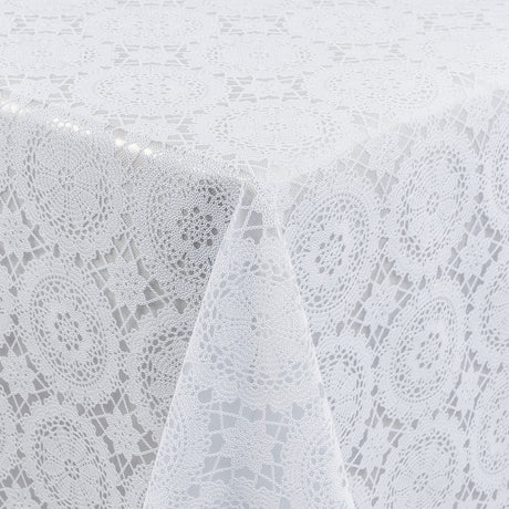 White Chantilly – weiße Wachstuch Tischdecke in Spitzenoptik mit klassischem Rosettenmuster