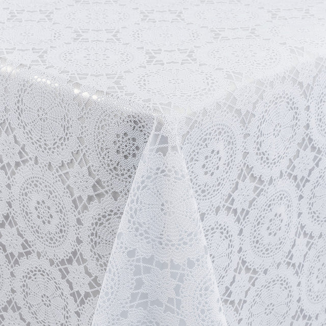 White Chantilly – weiße Wachstuch Tischdecke in Spitzenoptik mit klassischem Rosettenmuster