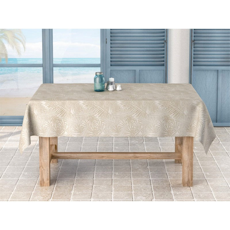 Frida Lino Beige, jacquardgewebte abwaschbare Tischdecke mit Farnen, 140 cm breit