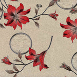 Nahaufnahme der Altea Metallic Red Wachstuch Tischdecke mit roten Weihnachtssternen