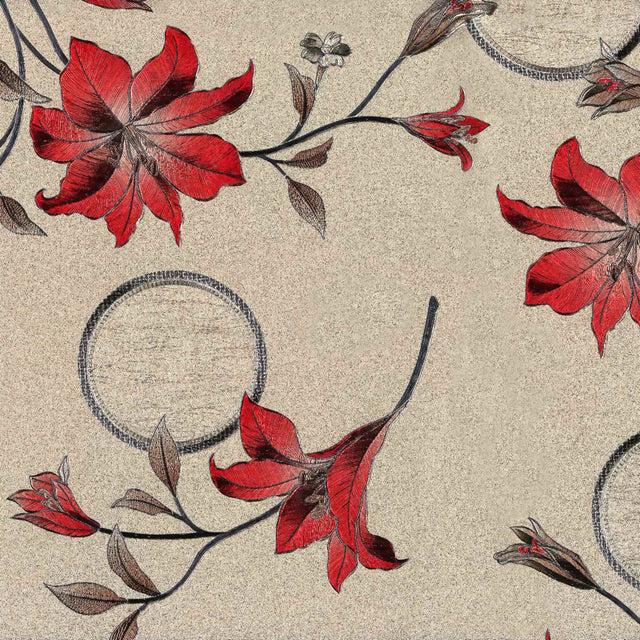 Nahaufnahme der Altea Metallic Red Wachstuch Tischdecke mit roten Weihnachtssternen