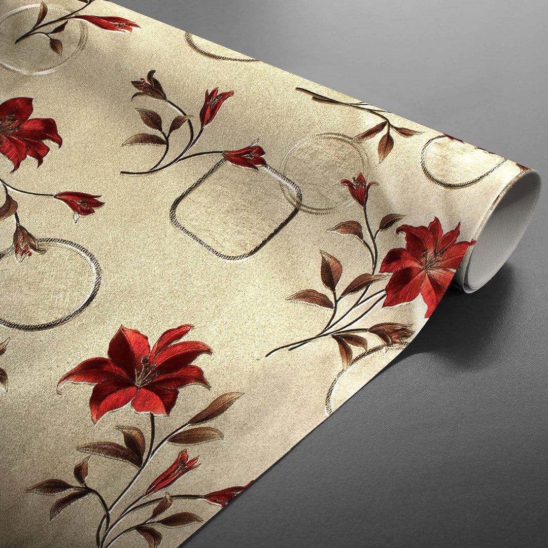 Gerollte Altea Metallic Red Wachstuch Tischdecke in Gold mit roten Weihnachtssternen